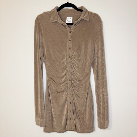 With Jean Andy Tan Latte Long Sleeve Button Up Down Shirt Dress Small - Picture 4 of 9